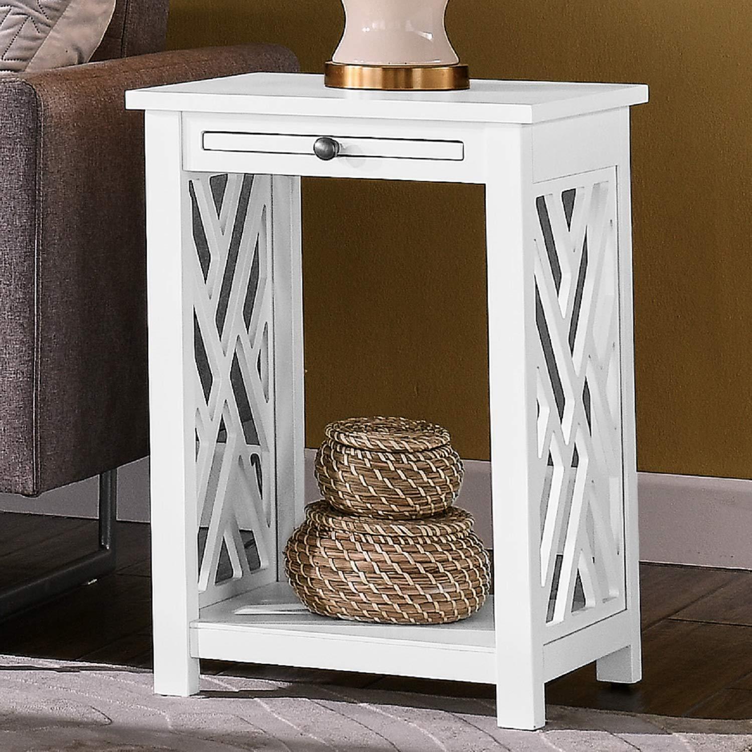 Alaterre Furniture Coventry Wood End Table with Tray and Bottom Shelf, Modern Accent Furniture, White