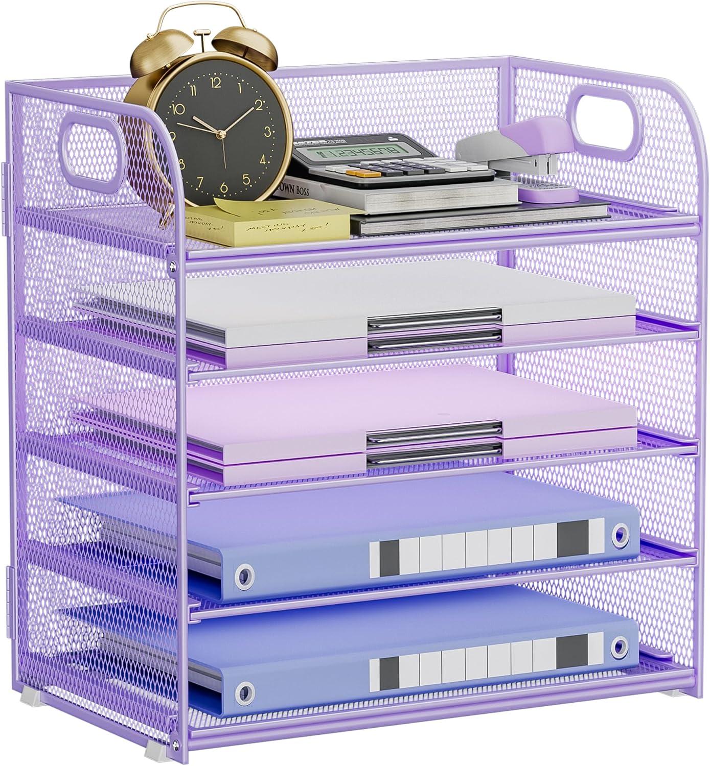Marbrasse Paper Organizer Letter Tray, 5 Tier Mesh File Organizer with Handle, Paper Sorter Desk Organizer for Home Office Supplies - Purple