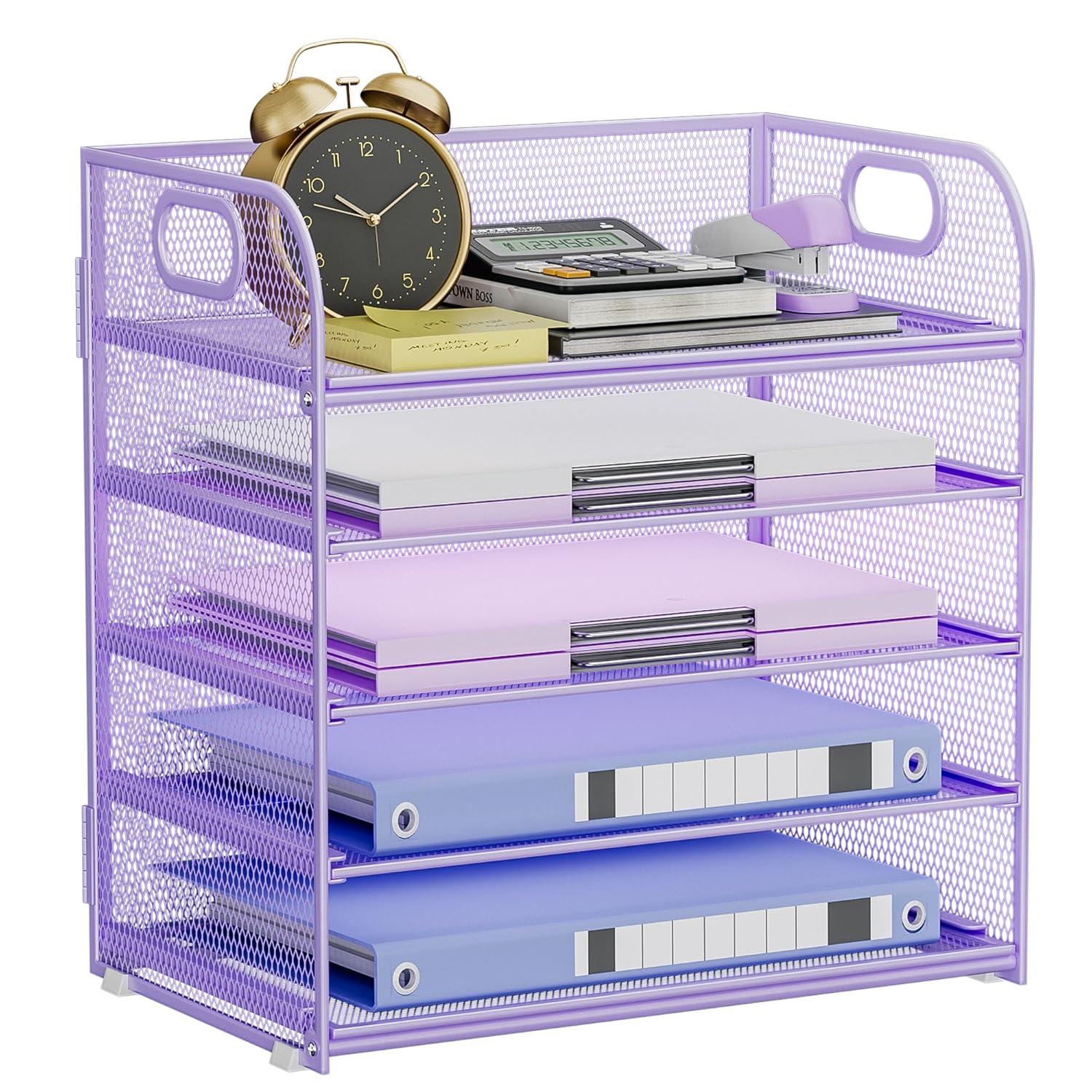 Marbrasse Paper Organizer Letter Tray, 5 Tier Mesh File Organizer with Handle, Paper Sorter Desk Organizer for Home Office Supplies - Purple