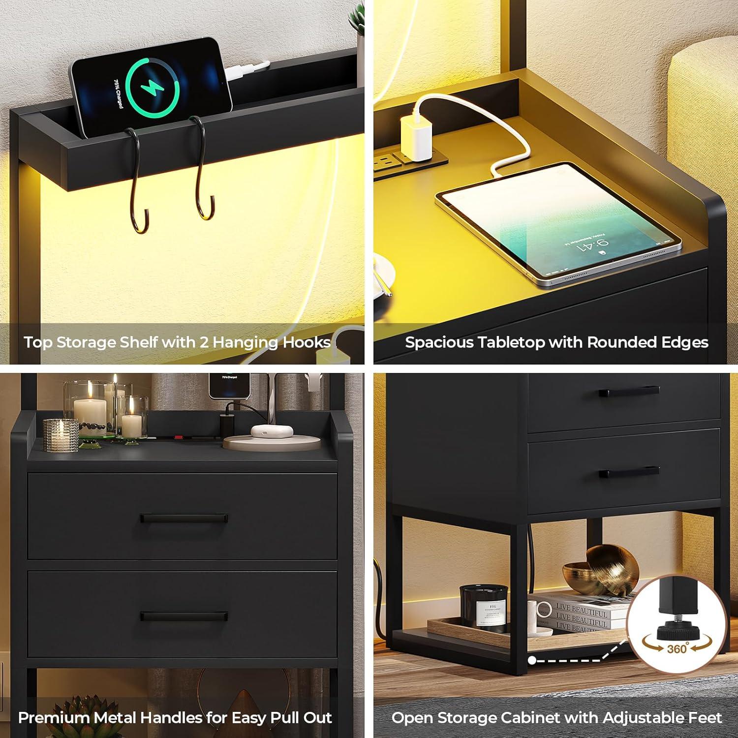 LED Nightstand with Charging Station, Side Table with USB Ports and Outlets, End Table for Small Spaces, Black Bedside Tables with Fabric-Wood 2-in-1 Drawer for Bedroom, Living Room, Office