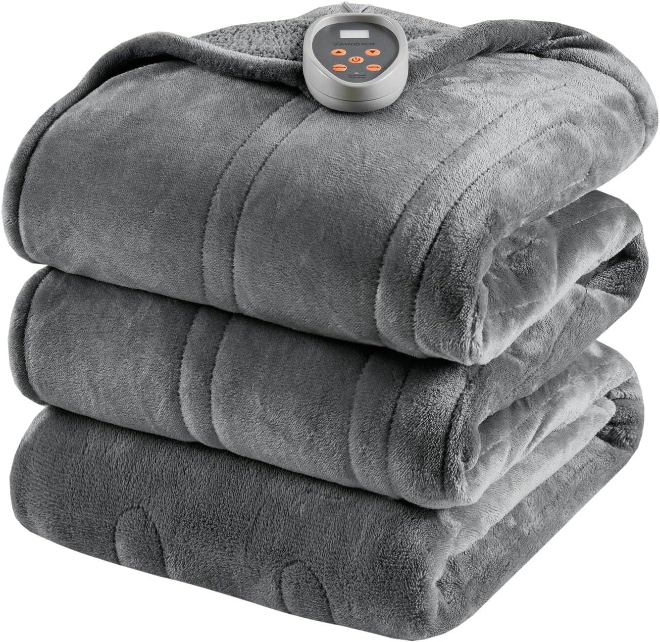 Twin Gray Reversible Fleece Heated Blanket with Controller