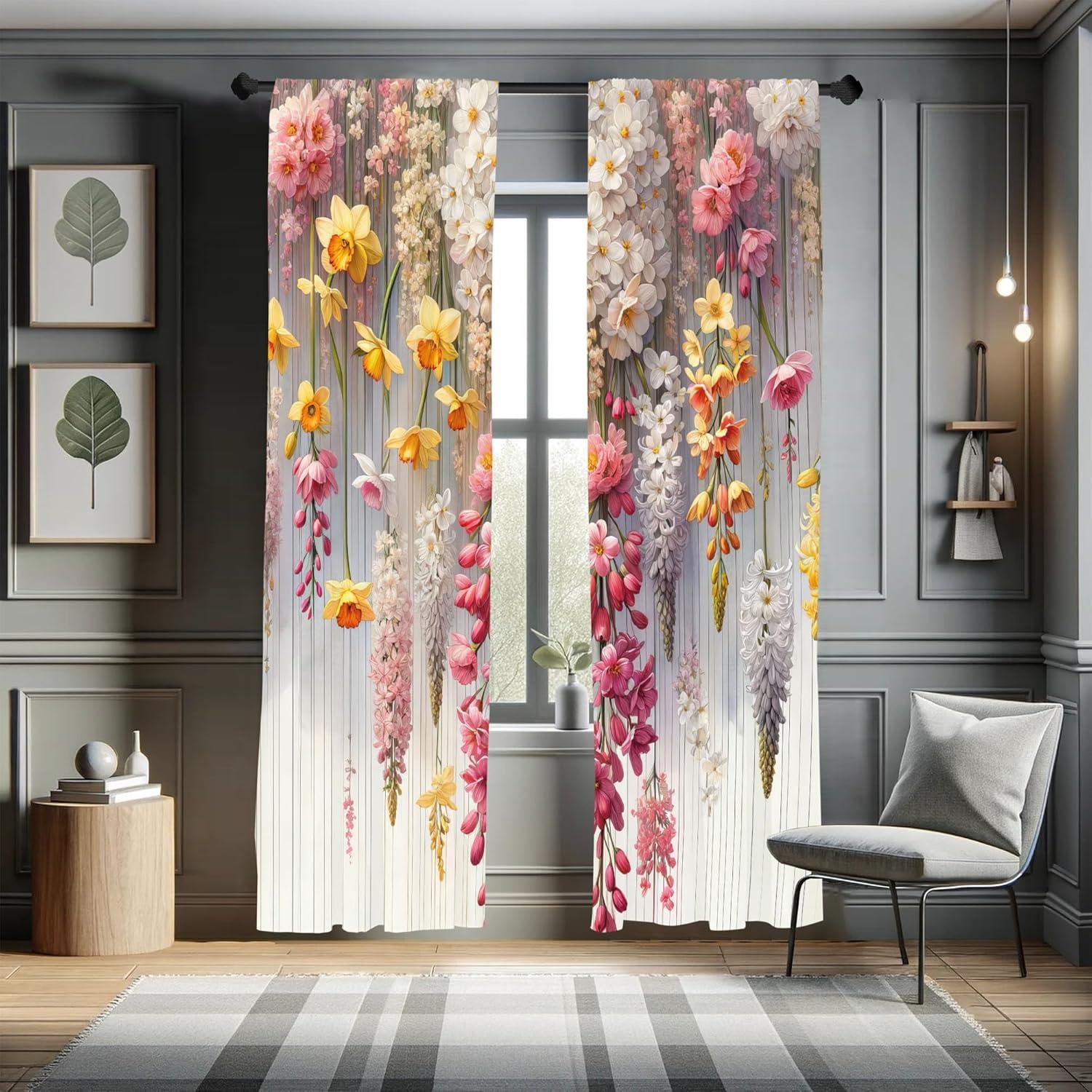 Floral Gray and Mustard Microfiber Rod Pocket Curtain Panels