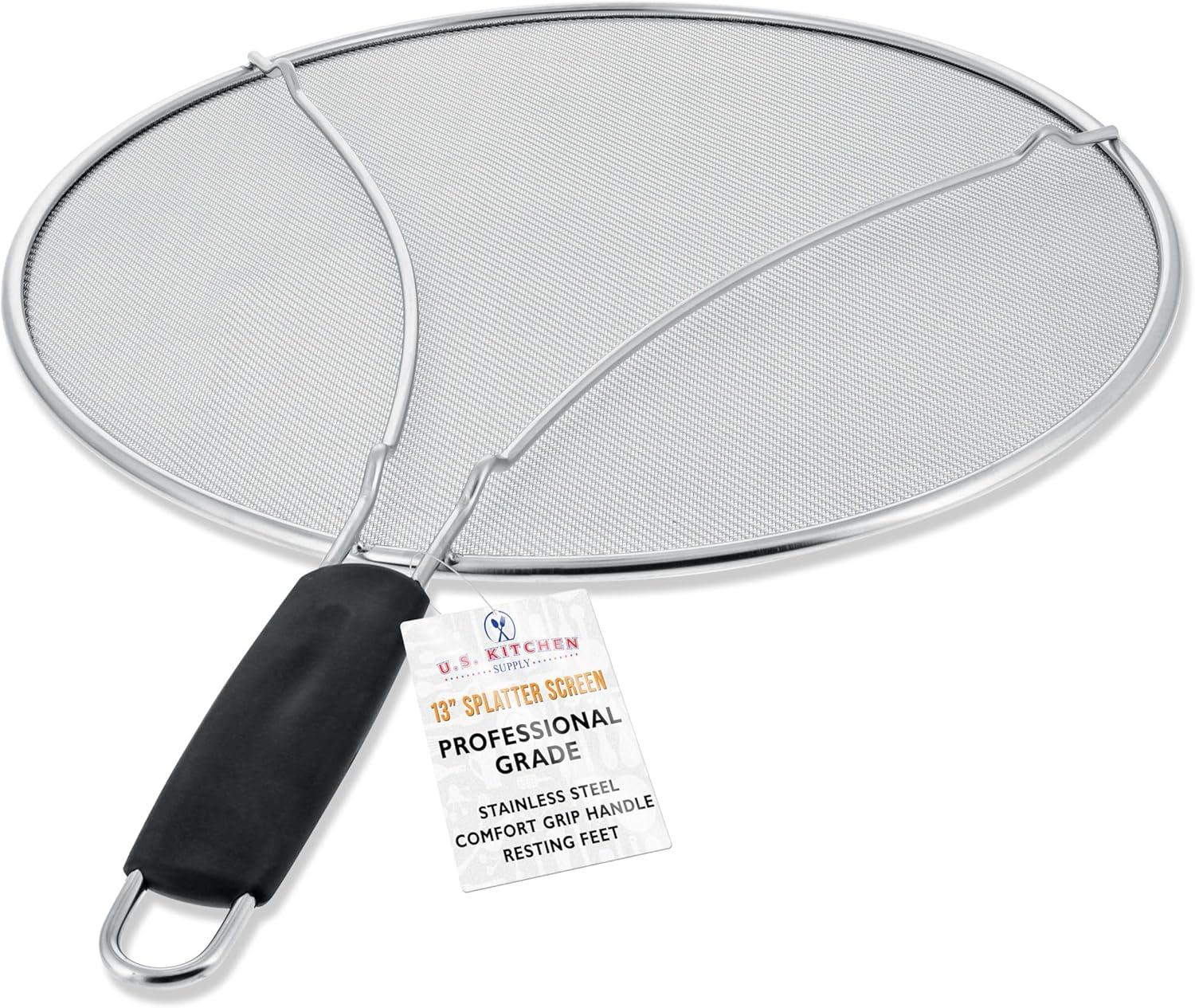 U.S. Kitchen Supply 13" Stainless Steel Fine Mesh Splatter Screen with Resting Feet & Black Comfort Grip Handle