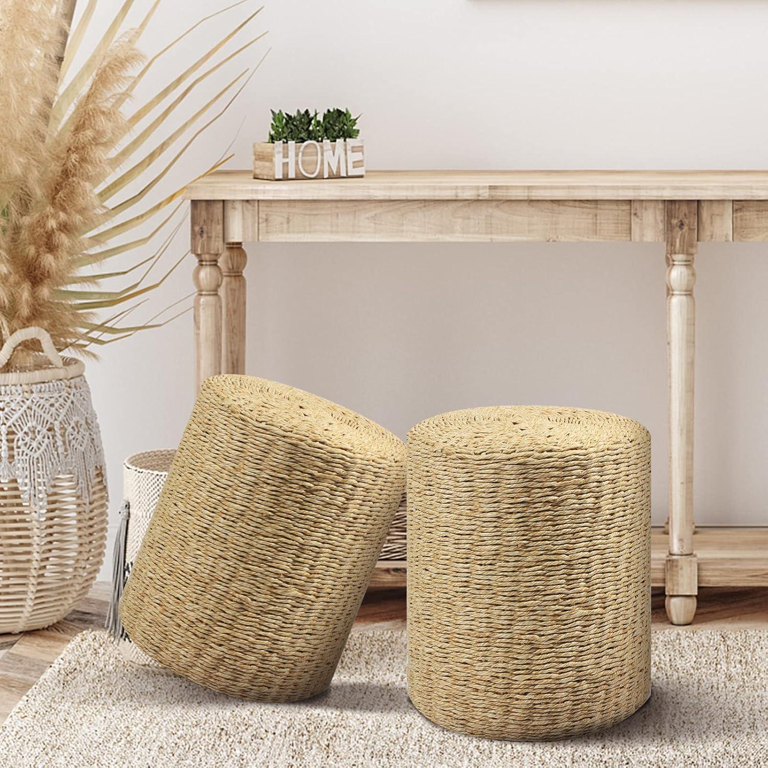 Mxfurhawa Pouf Ottoman Round Patio Foot Stool Outdoor, Natural Seagrass