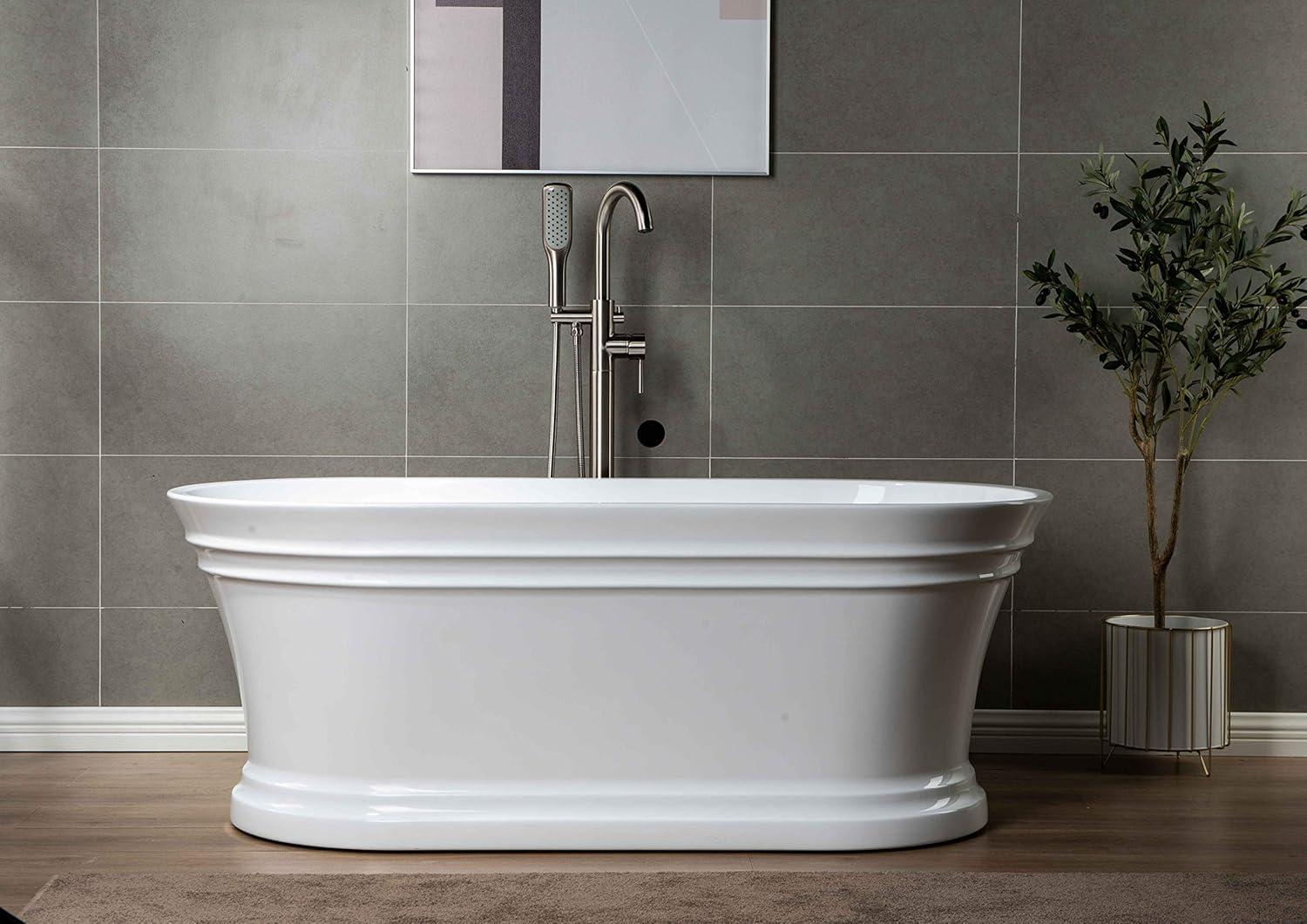 Woodbridge 59'' Freestanding White Acrylic Soaking Bathtub with Brushed Nickel Drain