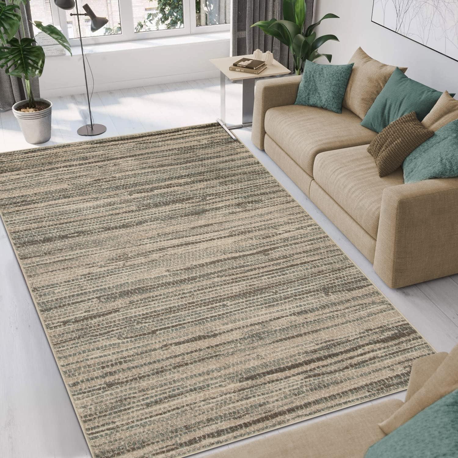 Green Cream Abstract Washable Synthetic Area Rug 4' x 6'