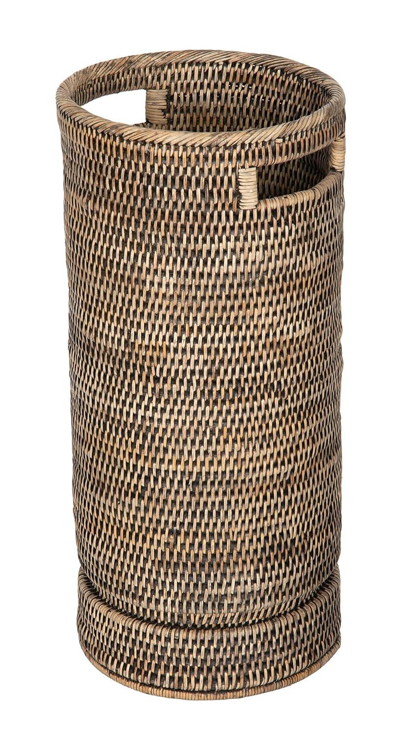 Kouboo La Jolla Rattan Round Handmade Umbrella Holder Freestanding Cane Stand Decorative, Catch, Stand For Entryway, Black Wash