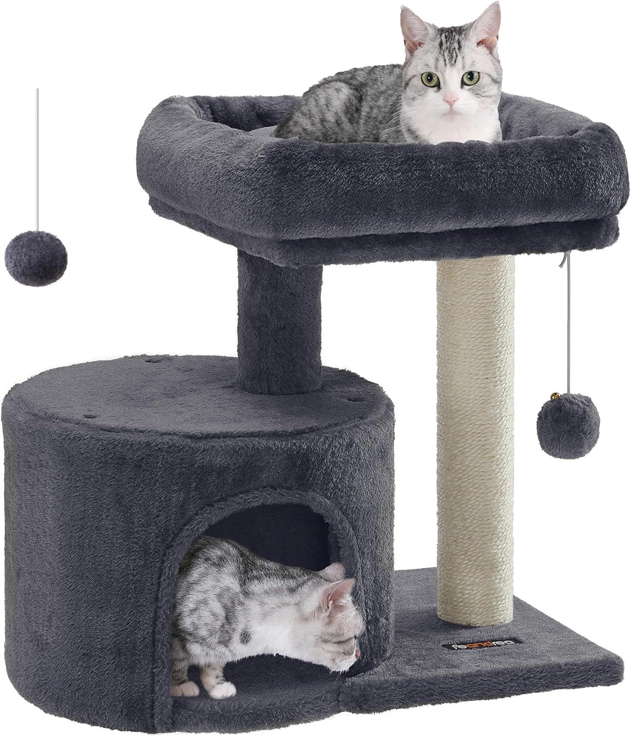 Smoky Gray Plush Cat Tree with Sisal Scratching Post