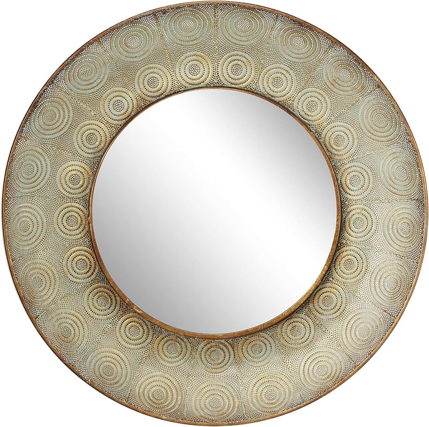 36" Round Gold Metal Wall Mirror with Eclectic Circle Designs