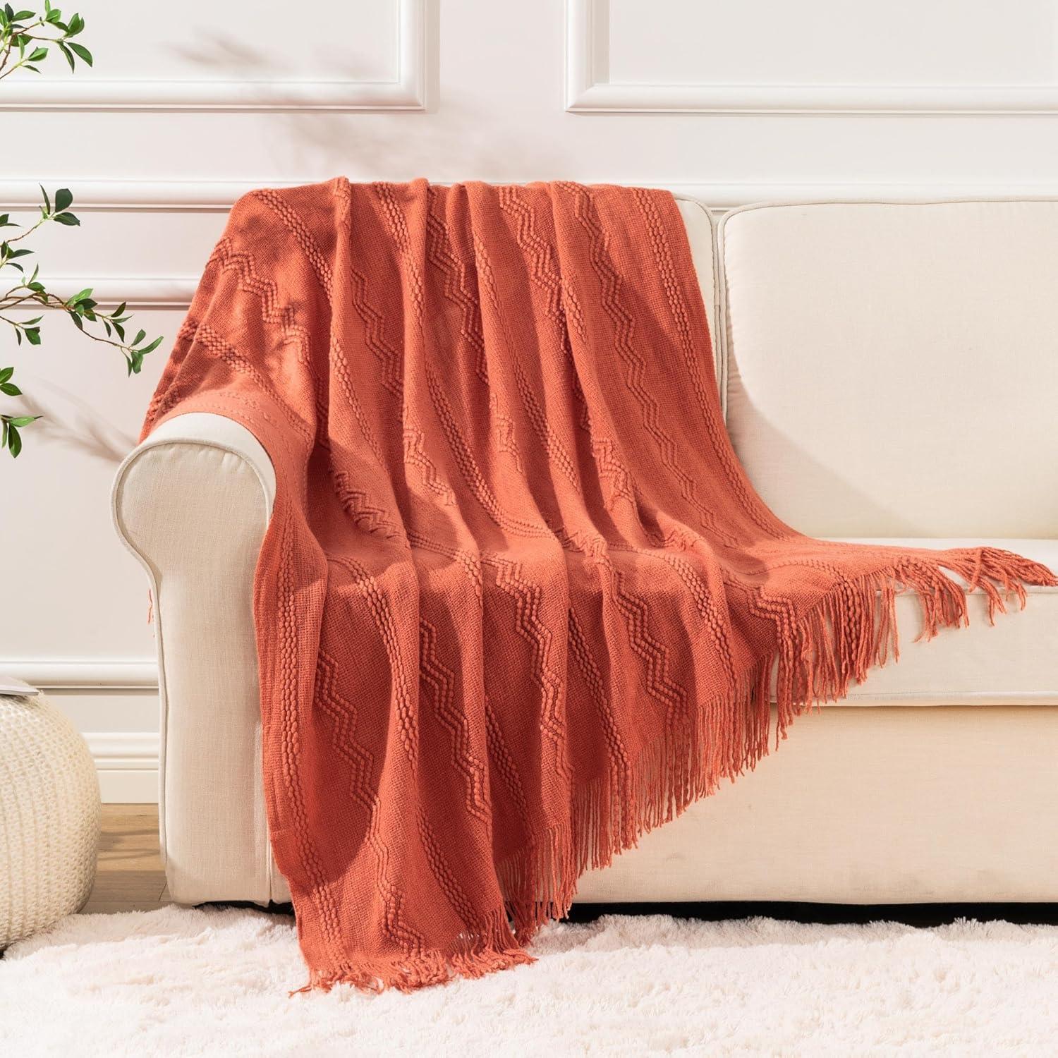 Battilo Orange Throw Blanket with Fringe Geometric Bed Salmon Knit Throws for Couch,Fall Blanket,50"x60"