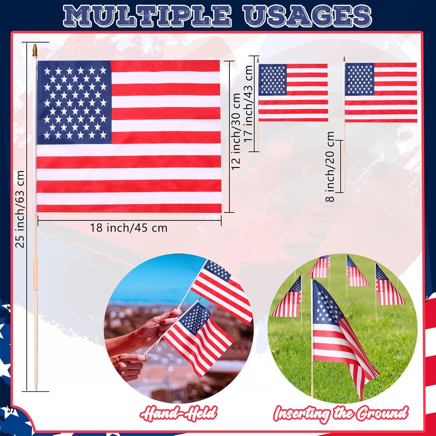 12 Pcs 12x18 Inch American Flags on Stick - Perfect for Memorial Day, 4th of July, Veterans Day Decorations USA Stick Flag with Handheld and Grounded Multi-Purpose Flagpole|Flagsticks USA 12 inch x 18