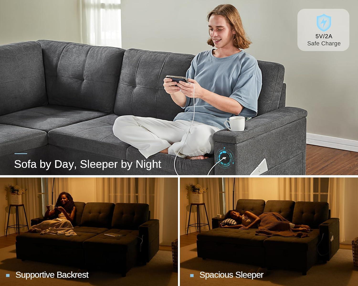 Latitude Run® Pull Out Sofa Bed With 2 USB Ports & Cup Holders, U Shaped Sleeper Sofa Bed With Dual Storage Chaise- Drak Gray