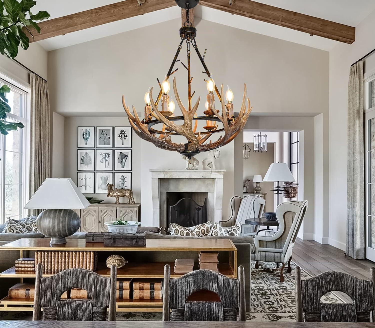 Rustic Antler Chandelier 6 Lights, Farmhouse Chandeliers with Resin 6 Antlers and Retro Metal Wagon Wheel Chandelier Vintage Style for Dining Room, Kitchen, Island, Living Room UL Listed