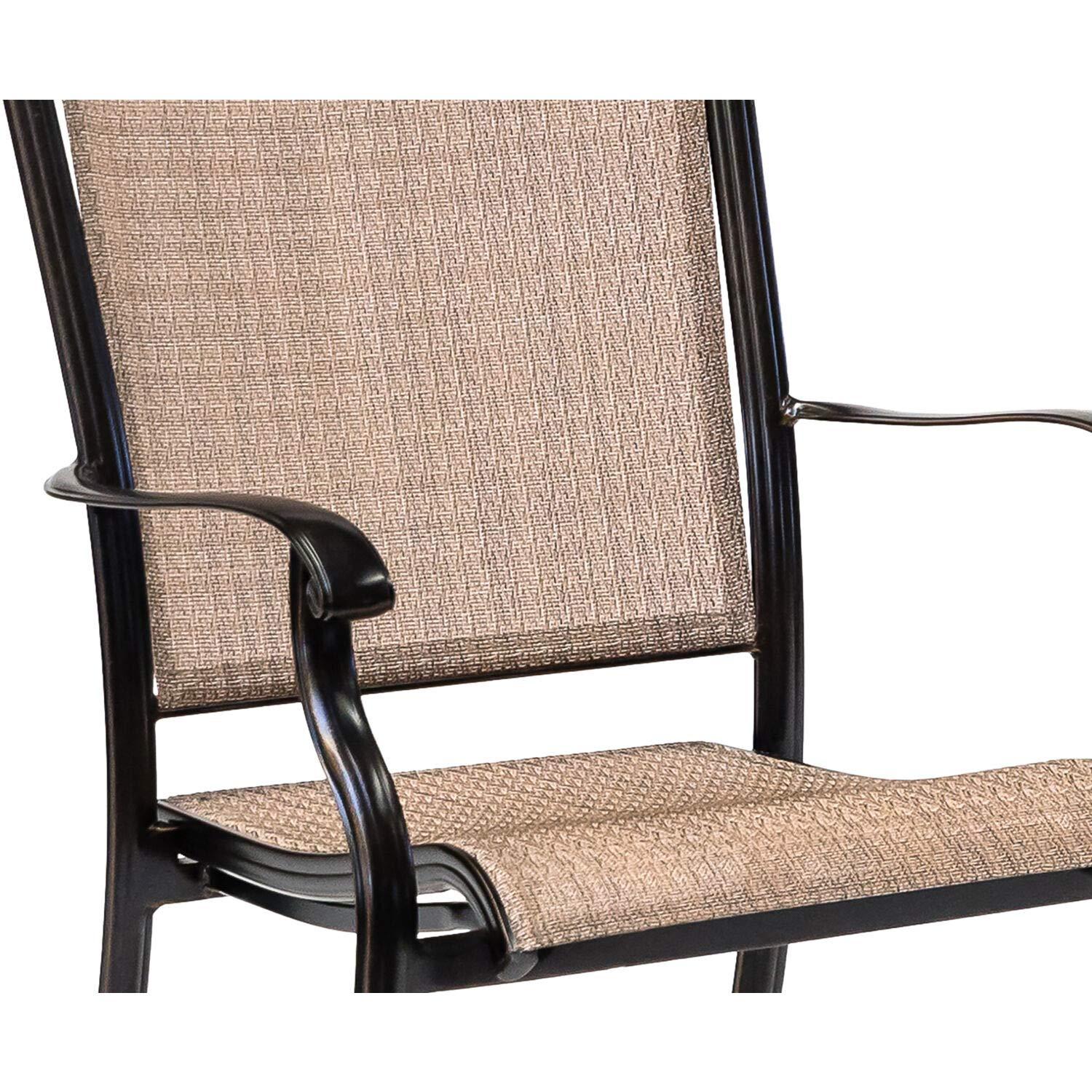 Hanover Fontana 7-Piece Outdoor Dining Set with 2 Sling Swivel Rockers, 4 Sling Chairs, and a 38-In. x 72-In. Cast-Top Table