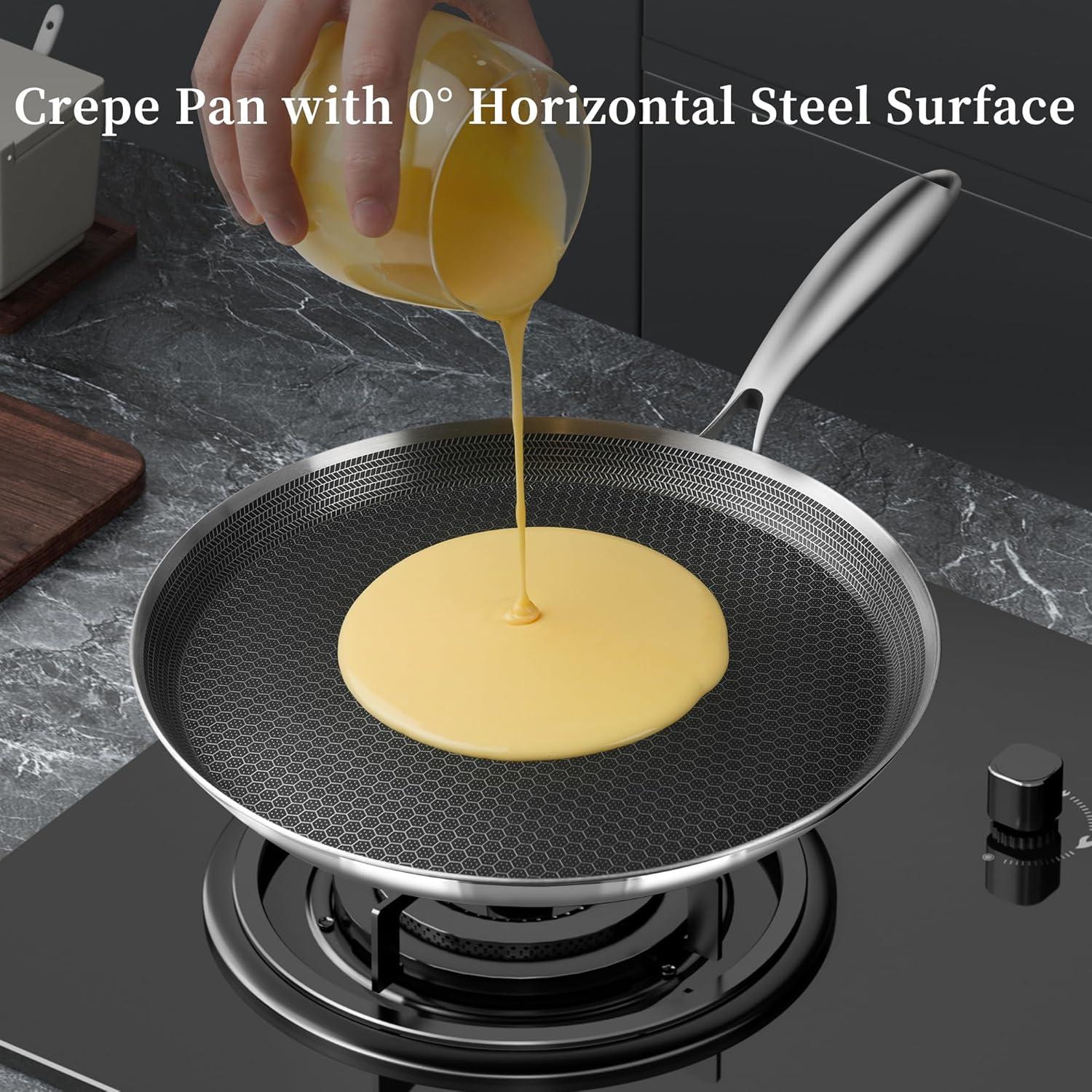 Innerwell 11'' Stainless Stee Nonstick Crepe Panl Honeycomb Coating Flat Skillet Tawa Dosa Tortilla Pan PFOA-Free,Omelet Pan with All Stove Tops Available