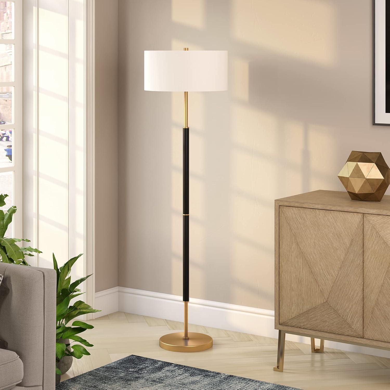 Henn&Hart 17" Matte Black/Brass Metal/Fabric Floor Lamp