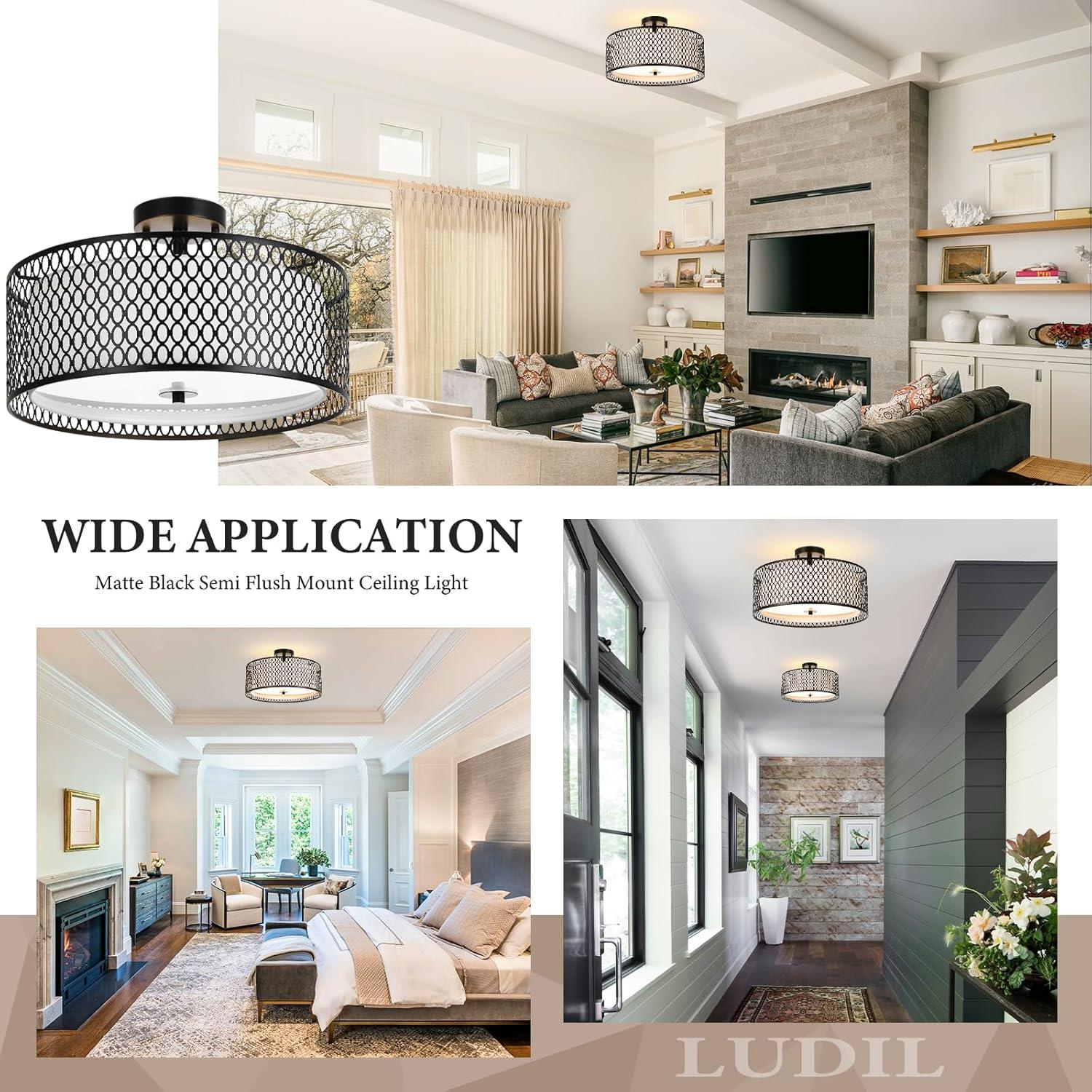 Modern Black Crystal Drum Semi-Flush Mount Ceiling Light