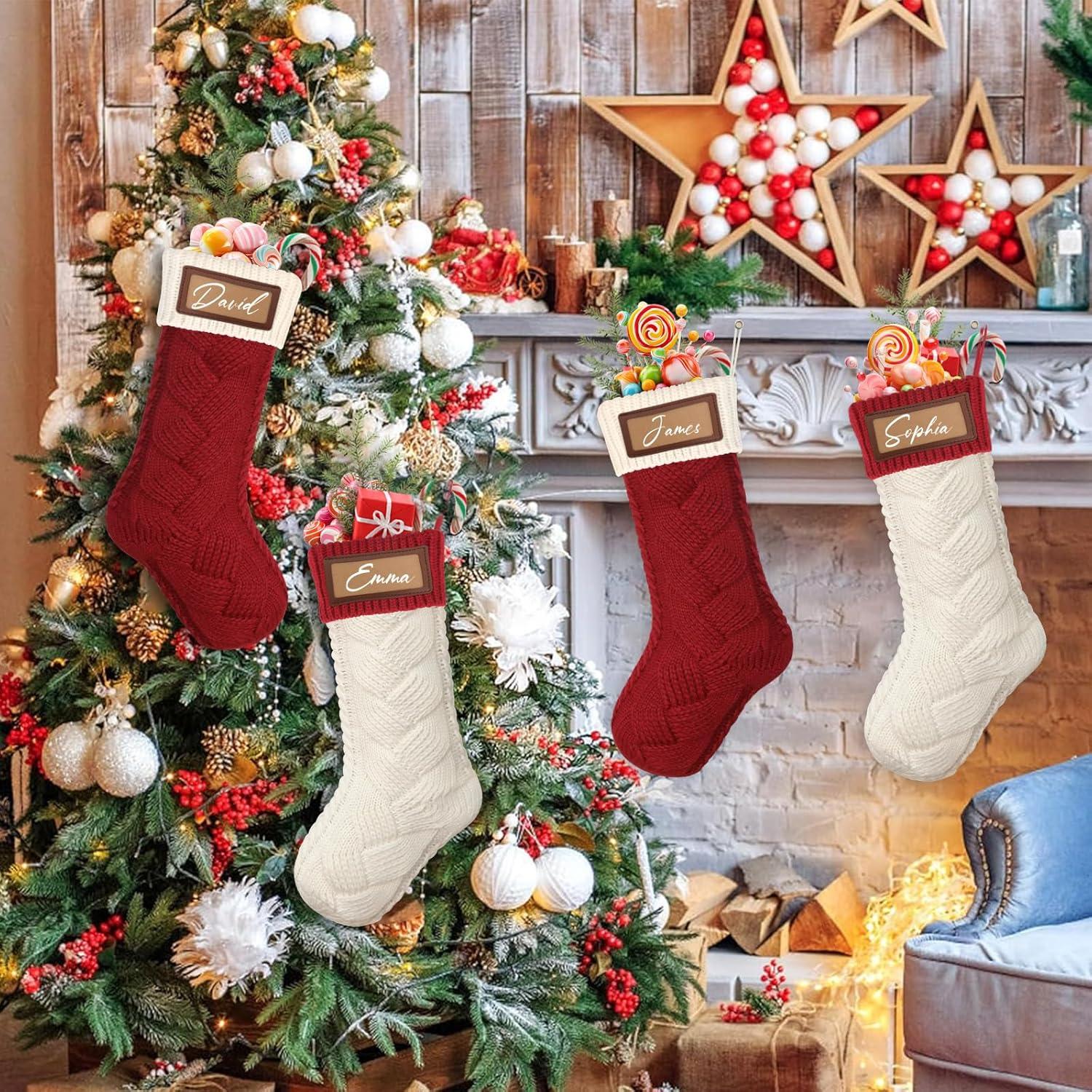 4 Pack 18" Large Knit Christmas Stockings with Name Tags