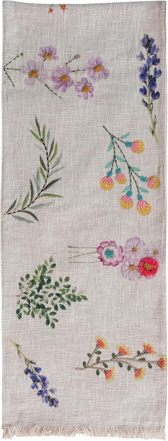Bloomingville Long Slub Printed Rectangle Table Runner with Flowers, Embroidery and Fringe, Multicolor