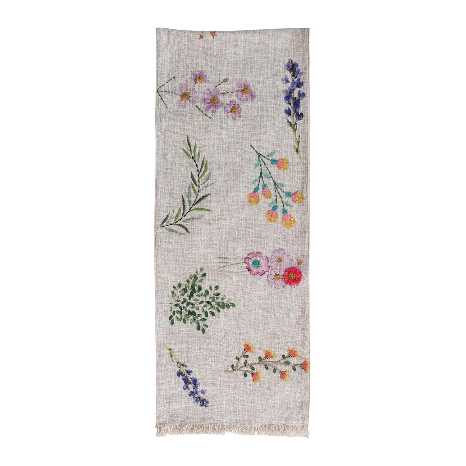 Bloomingville Long Slub Printed Rectangle Table Runner with Flowers, Embroidery and Fringe, Multicolor