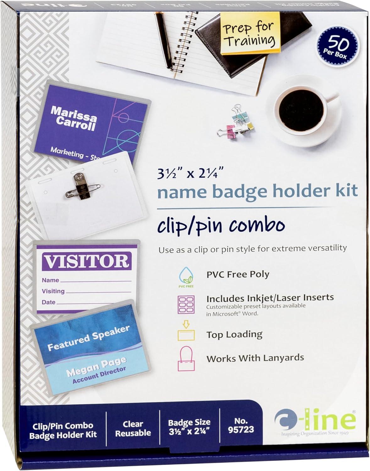 C-Line Clip and Pin Combo Name Badges with Inserts, 3-1/2 x 2-1/4 Inches, Pack of 50