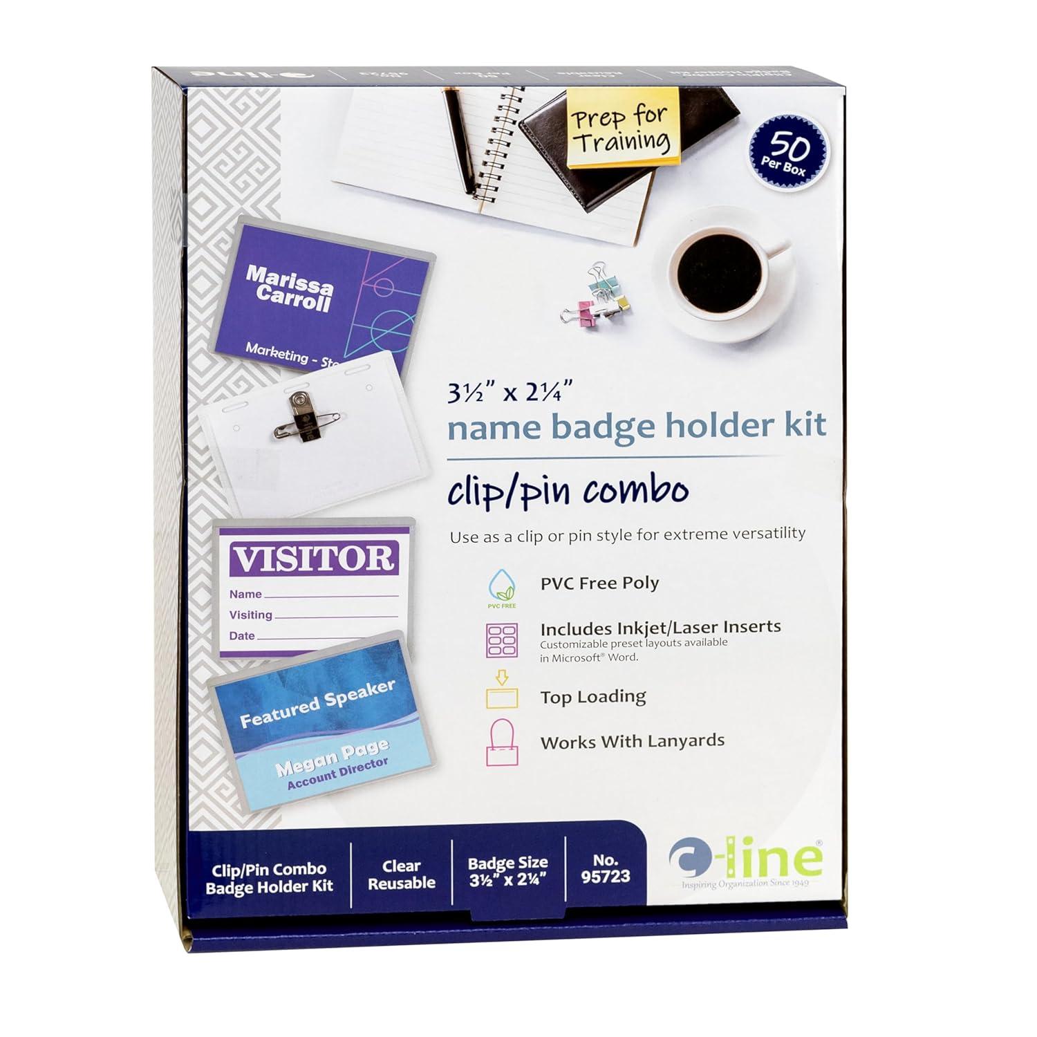 C-Line Clip and Pin Combo Name Badges with Inserts, 3-1/2 x 2-1/4 Inches, Pack of 50