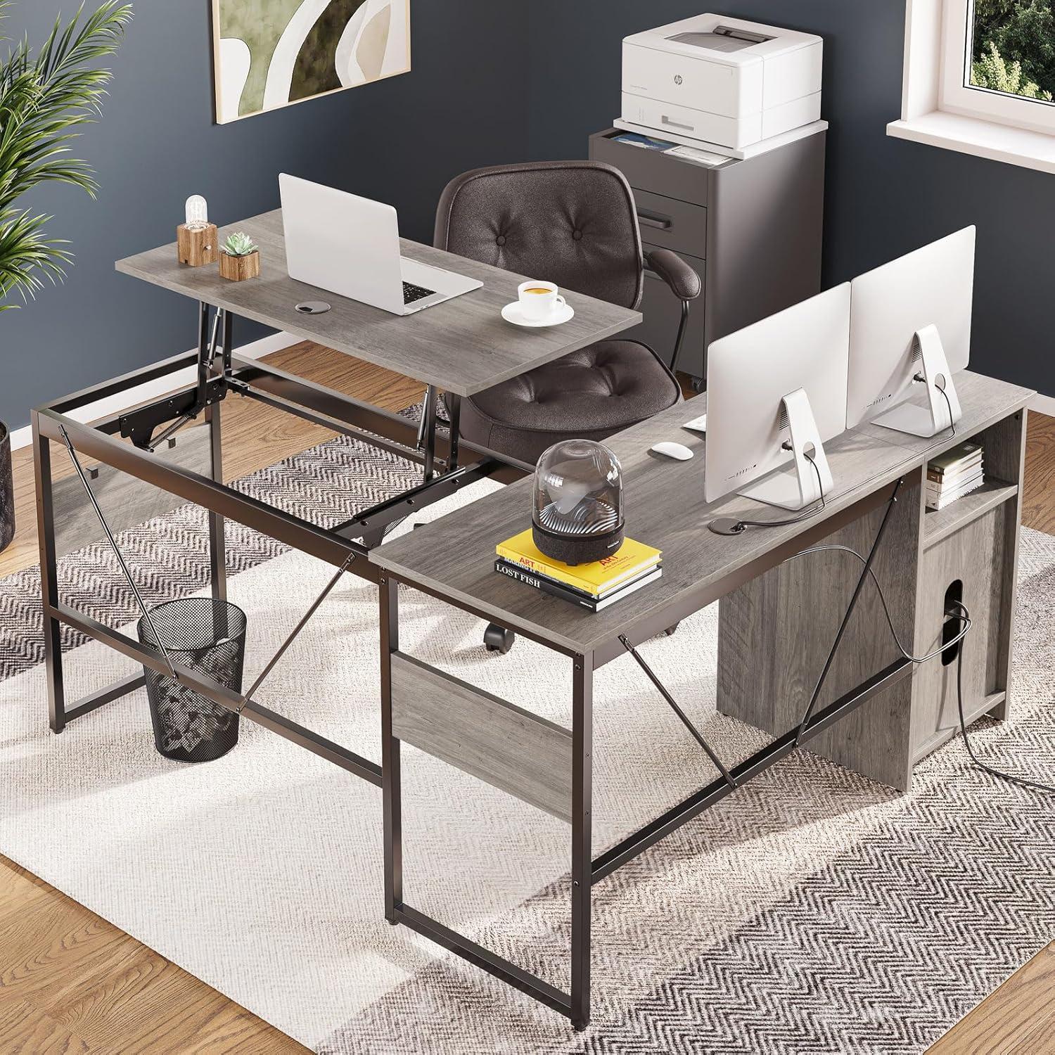 Bestier Reversible 60 inches L Shaped Computer Desk with Storage Cabinet Long Desk for 2 Person Wash Grey