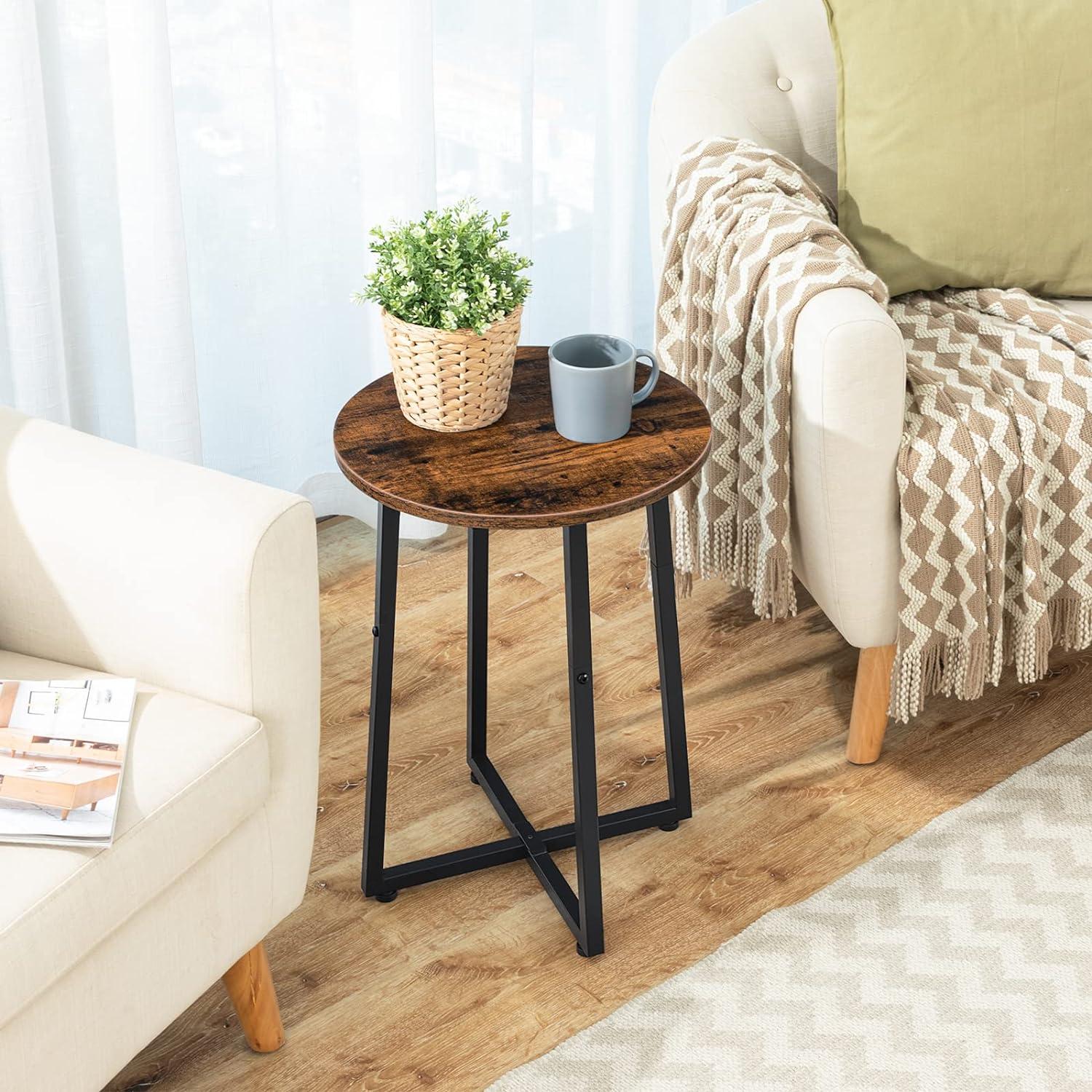 Rustic Brown Round Side Table with Black Metal Frame