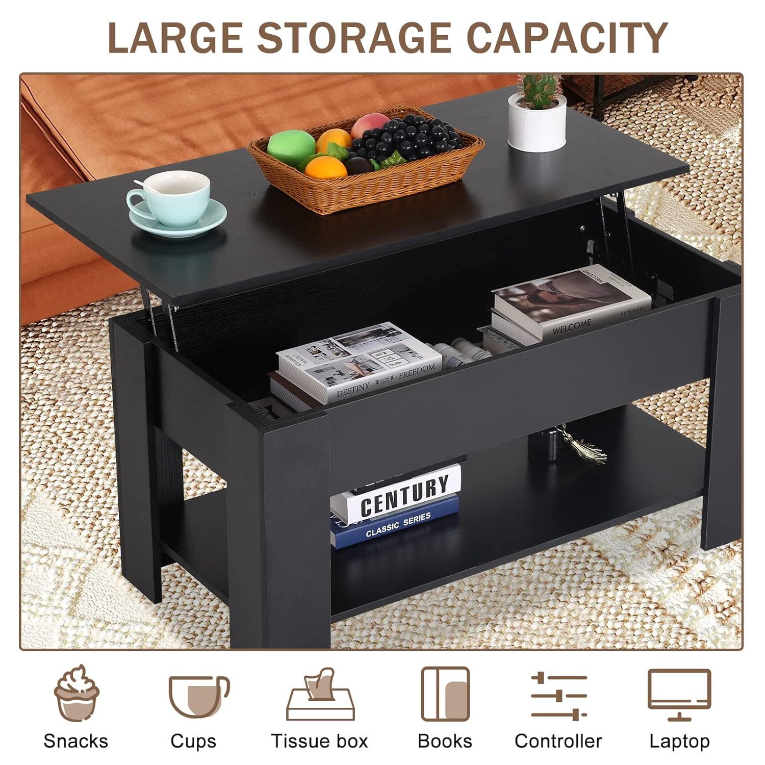 FDW Coffee Tables with Hidden Compartment and Storage Shelf Wooden Lift Tabletop Dining Table for Living Room Home (White)