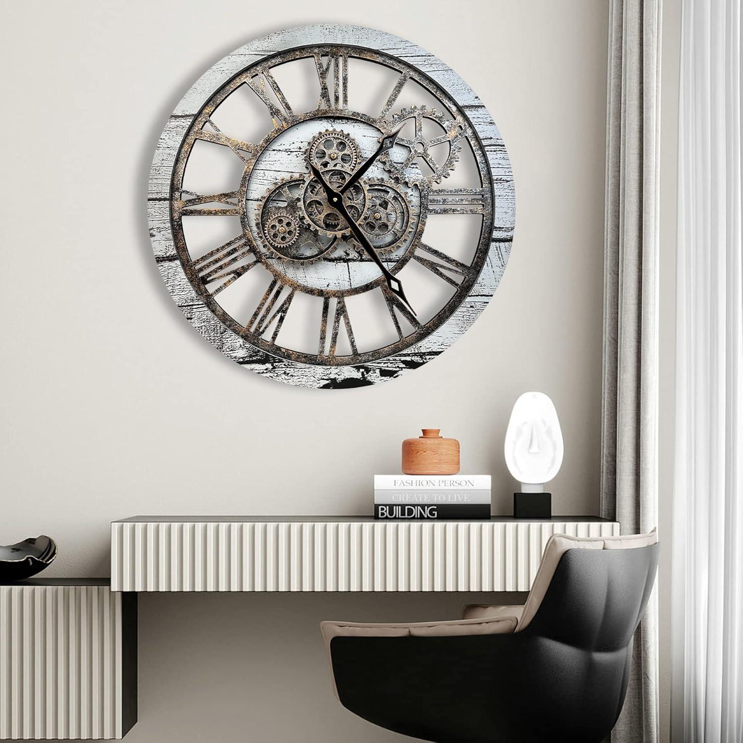 The Gears Clock Wall Clock 36" Round Oversized for Living Room decor with Real Moving Gears America Collection