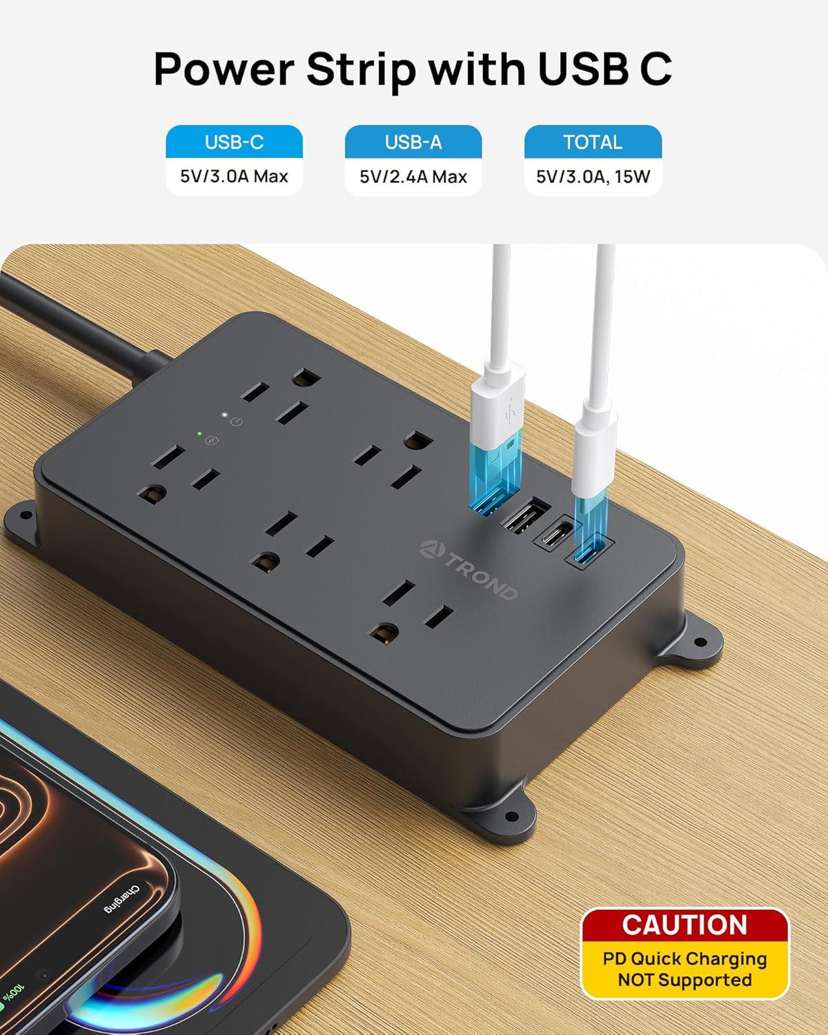 TROND Power Strip Surge Protector, ETL Listed, 15A, 5 Wide Spaced Outlets with 3 USB Ports, Wall Mountable, Flat Plug 5ft Extension Cord, 1300J, 14AWG Heavy Duty, for Office Kitchen, Black