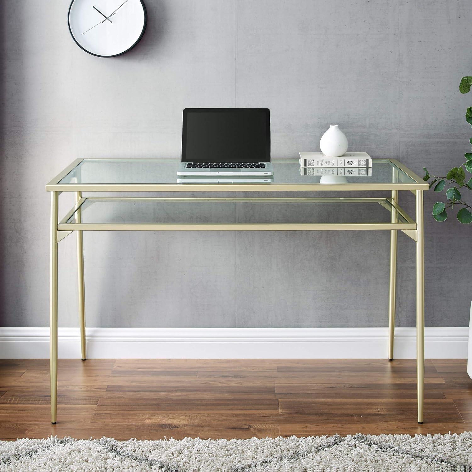 Walker Edison Rayna Tempered Glass & Metal Writing Desk in Clear and Gold