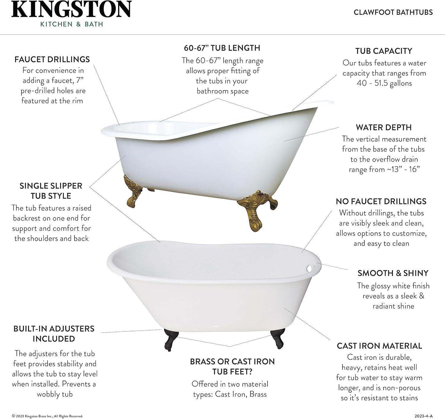 Kingston Brass Aqua Eden 60-Inch Cast Iron Oval Single Slipper Clawfoot Tub (No Faucet Drillings)