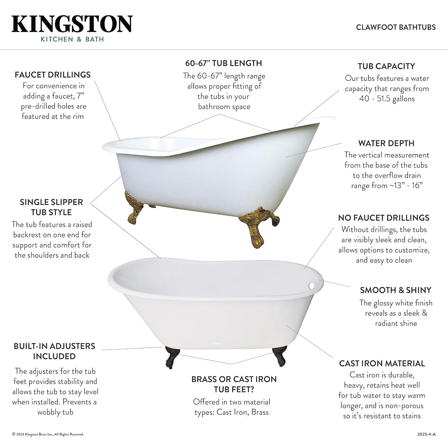 Kingston Brass Aqua Eden 60-Inch Cast Iron Oval Single Slipper Clawfoot Tub (No Faucet Drillings)