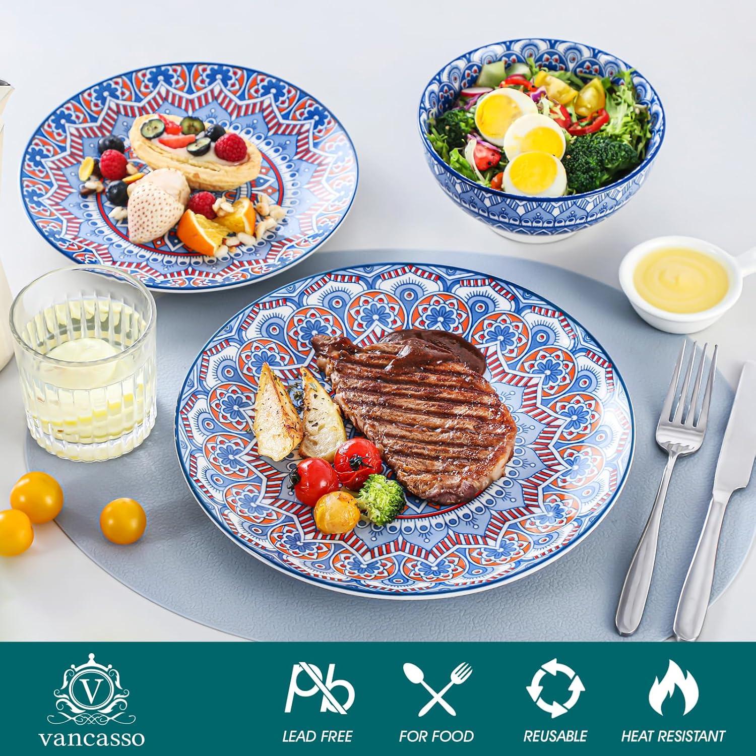 vancasso Mandala 12 Pieces Dinnerware Sets, Porcelain Dinner Set for 4, Boho Plates and Bowls Set, Colorful Dish Sets