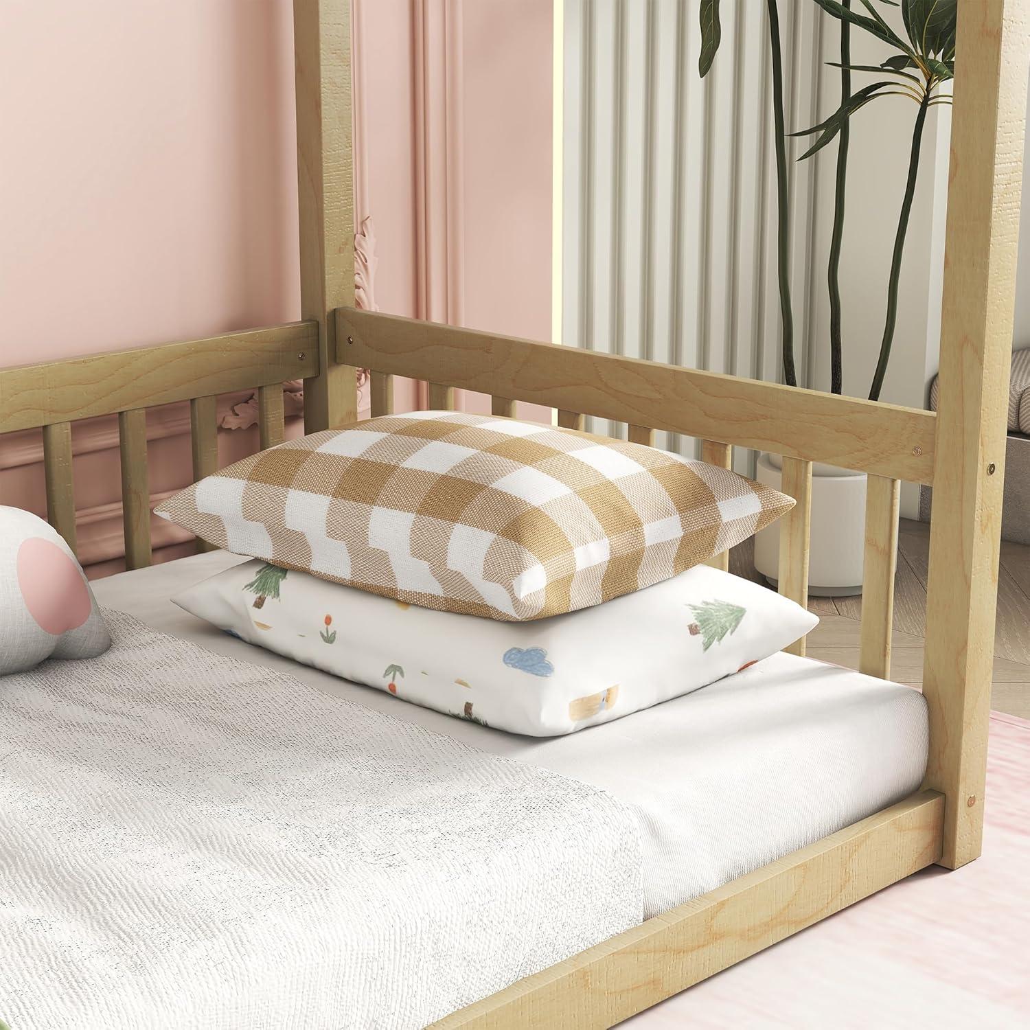 Natural Pine Twin Canopy Bed with Drawer and Headboard