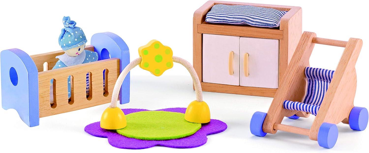 Hape Wooden Dollhouse Furniture Baby's Room Set, 1:12 Scale