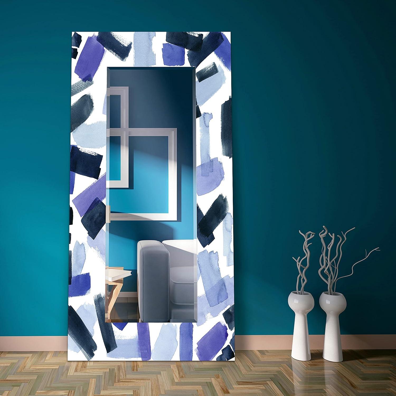 Empire Art Direct Cerulean Strokes Rectangular Beveled Mirror on Free Floating Reverse Printed Tempered Art Glass, 72" x 36" x 0.4", Ready to Hang