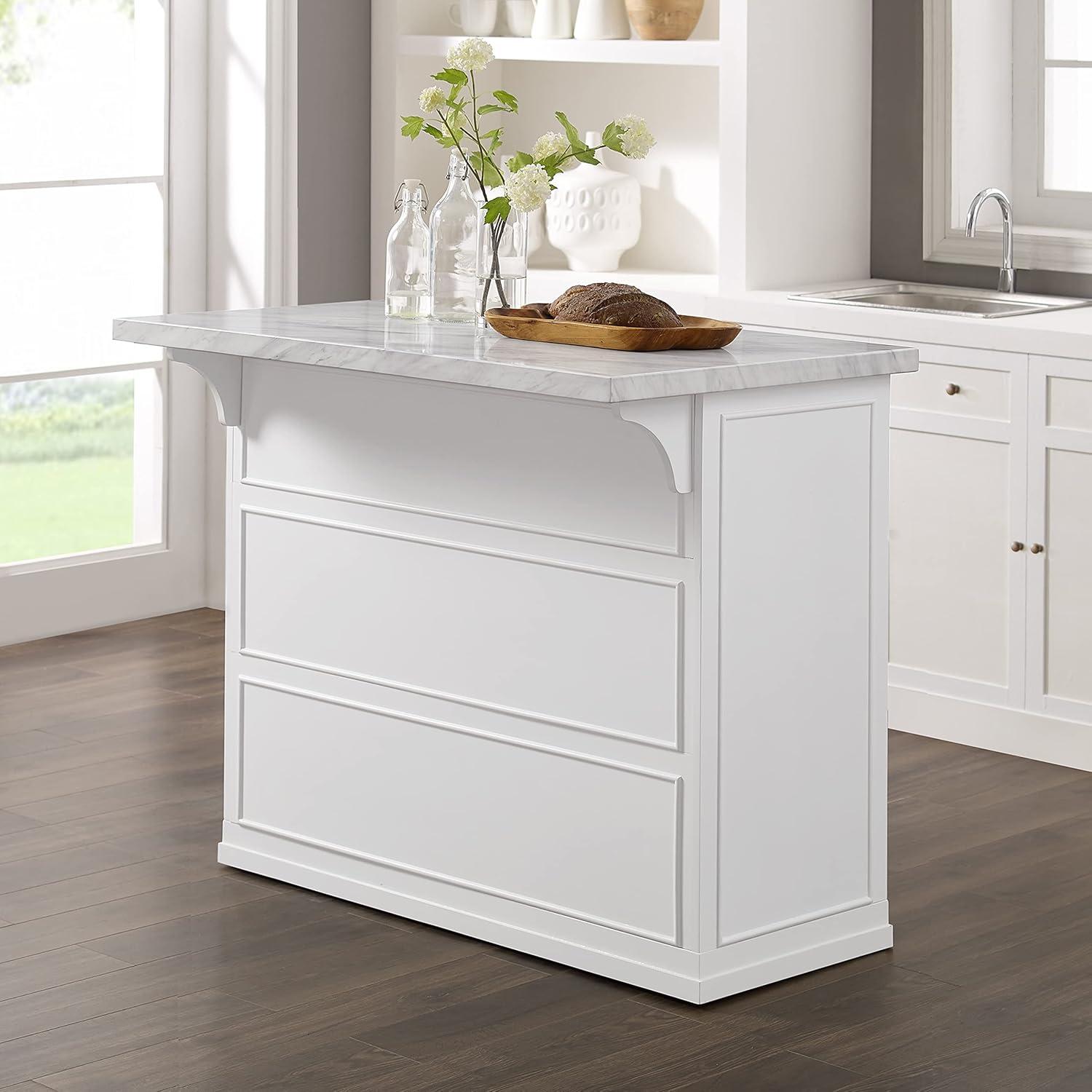 Crosley Cutler Faux Marble Top Kitchen Island White/White Marble: Traditional Style Cart with Adjustable Shelves, Storage