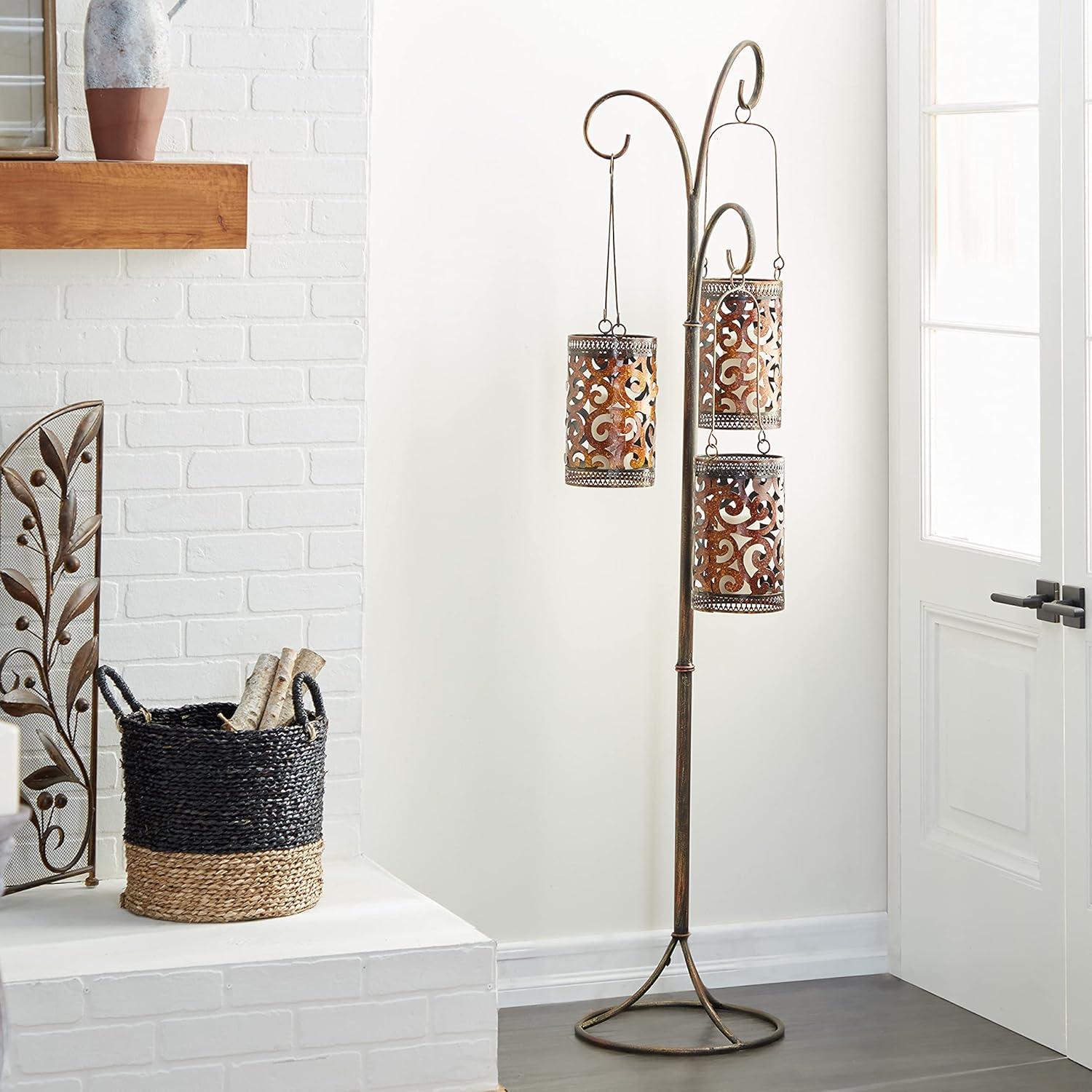 DecMode 3 Holder Brass Metal Scroll Perforated Moroccan Standing Floor Candle Lantern with 3 Suspended Holders