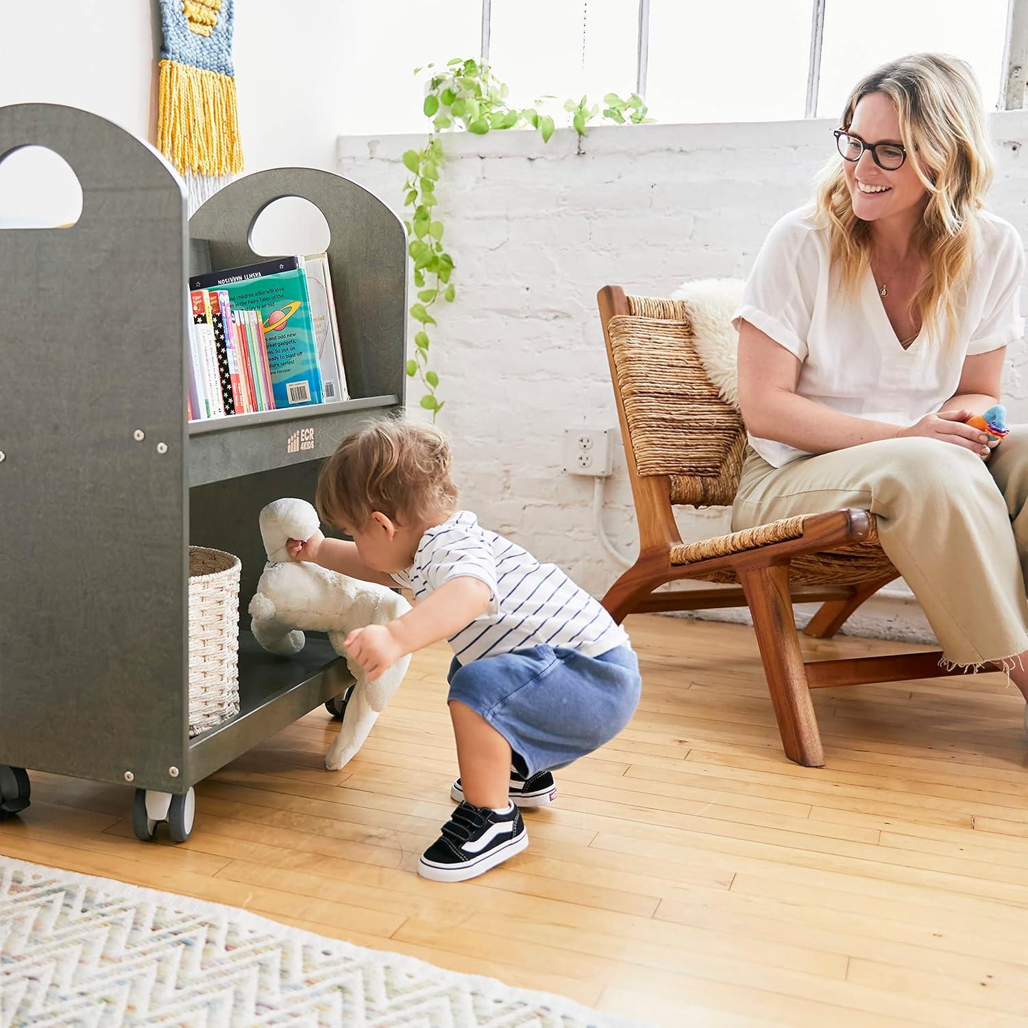 Grey Wash Birch Mobile Book Cart with Timer