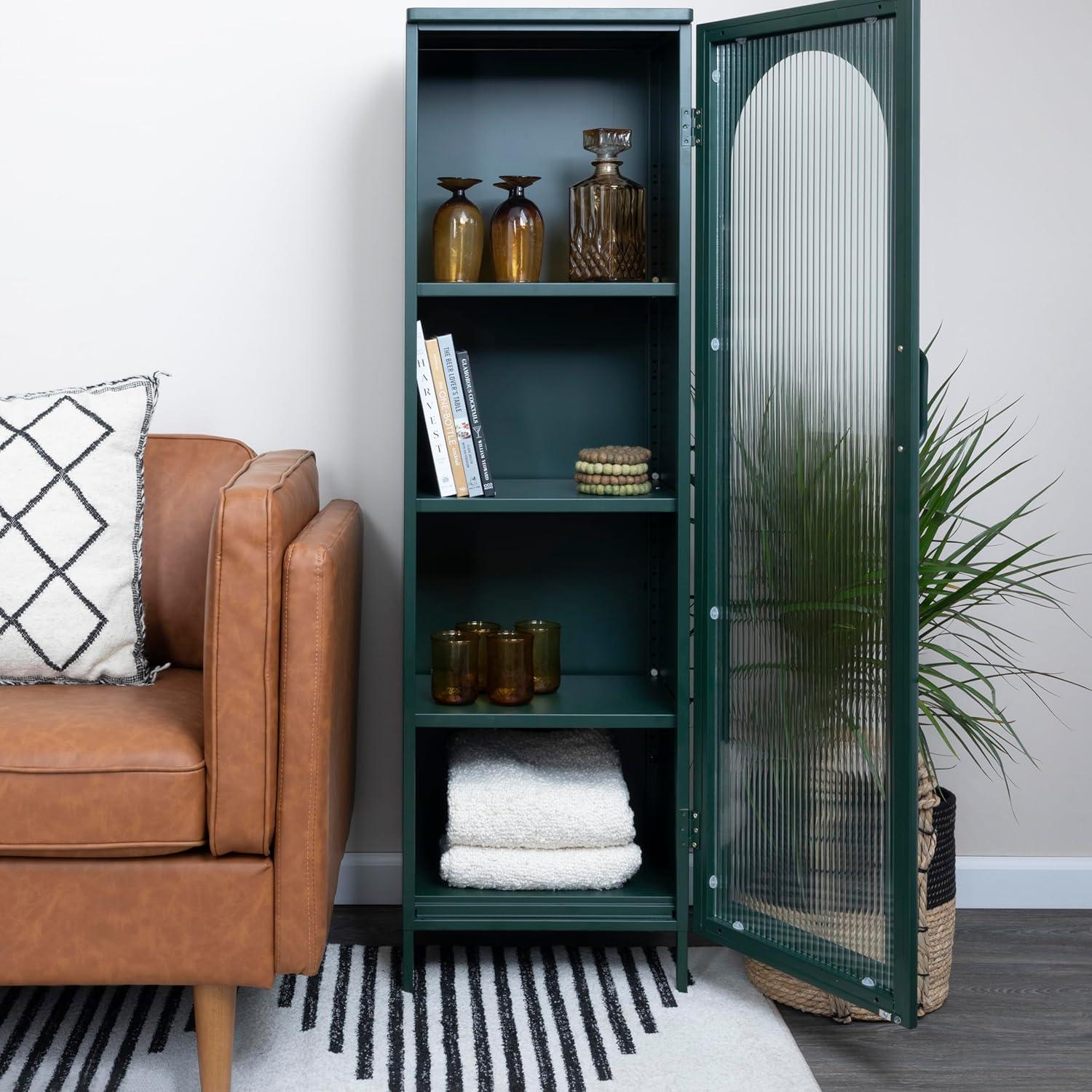 Storied Home Tall Metal Accent Cabinet: Arched Glass, 4 Shelves, Dark Green, 57" H