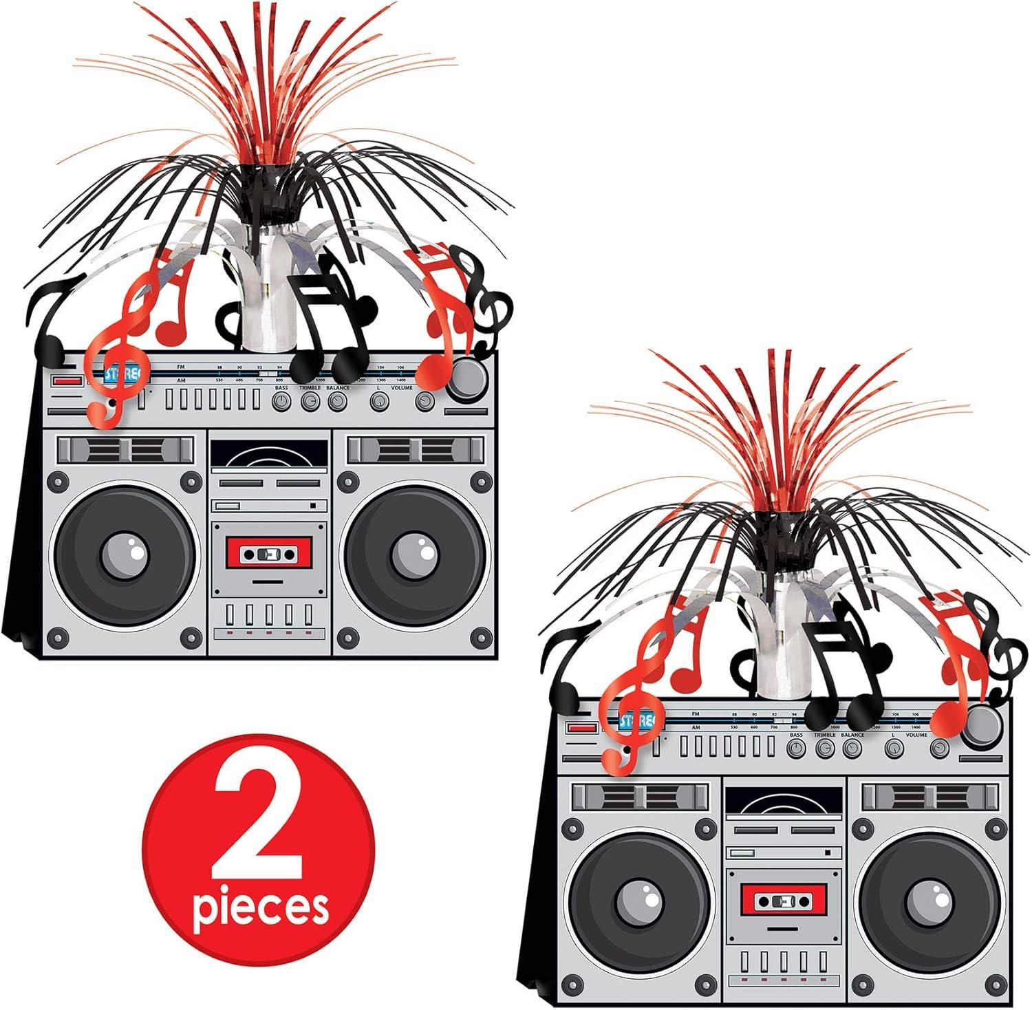 Beistle 2-Pack Boom Box Centerpieces, 80s Era Themed Party Decorations, Decades Music Party Table Decor, Hip Hop Party Accessories for Birthday, 14"
