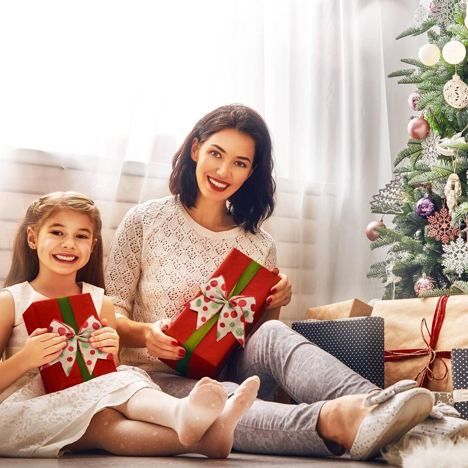 Sandistore Cute Cars 12pcs Christmas Tree Bows Ornaments 6 Inch Large Christmas Wreath Bows Red Green Xmas Tree Bows Christmas Glitter Dot Bows Ribbons Decoration For Garland Diamonds for Crafts