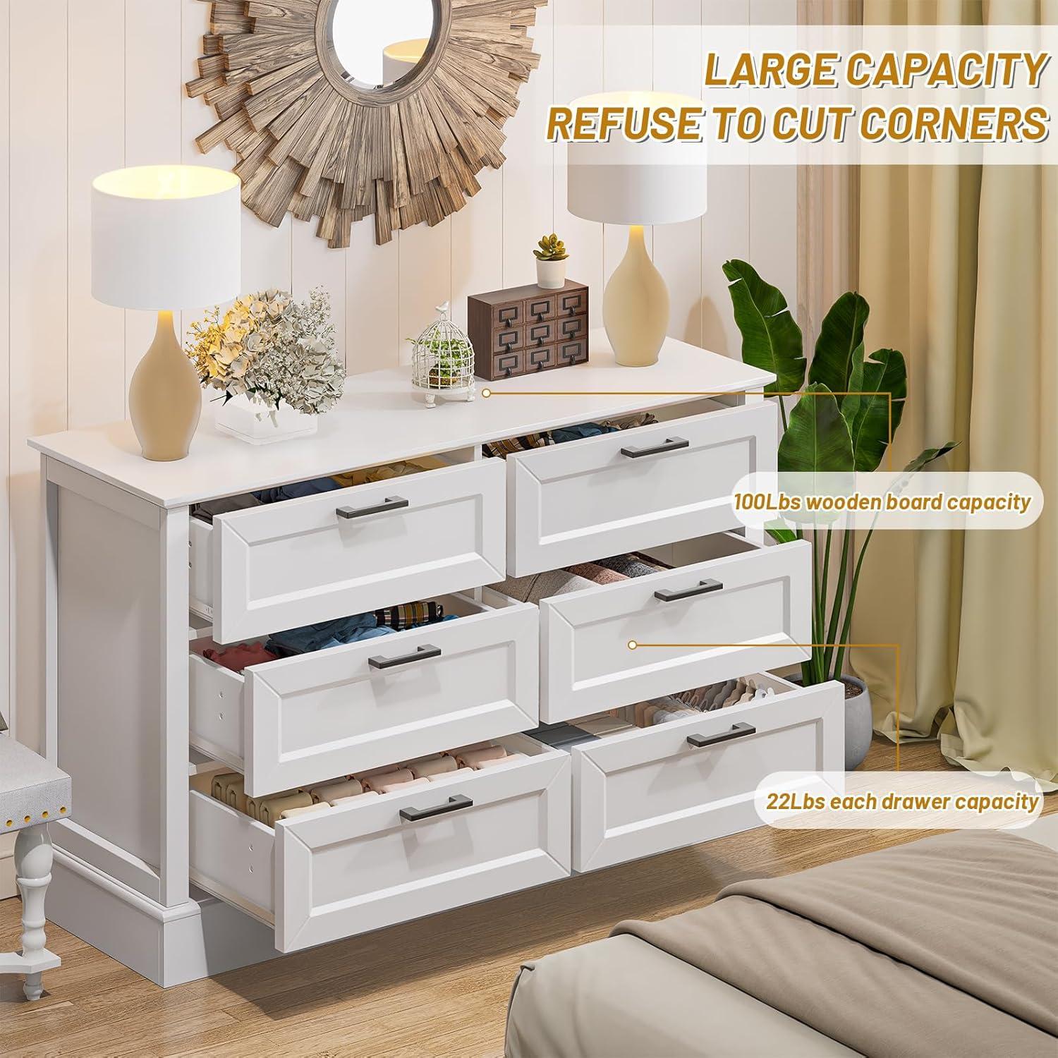 White 6 Drawer Dresser for Bedroom, Modern Chest of Drawers with Deep Drawers, Wood Double Dresser for Storage Clothes