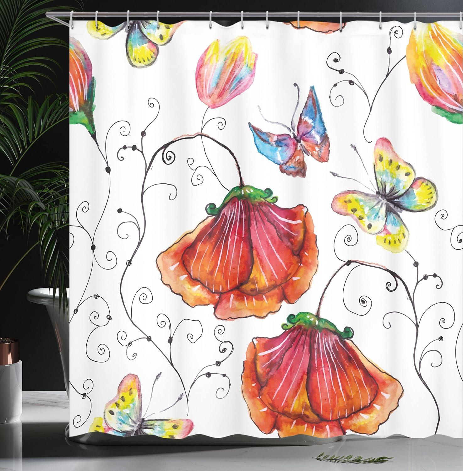 Watercolor Floral and Butterfly Polyester Shower Curtain, 69" W x 70" L, Multicolor