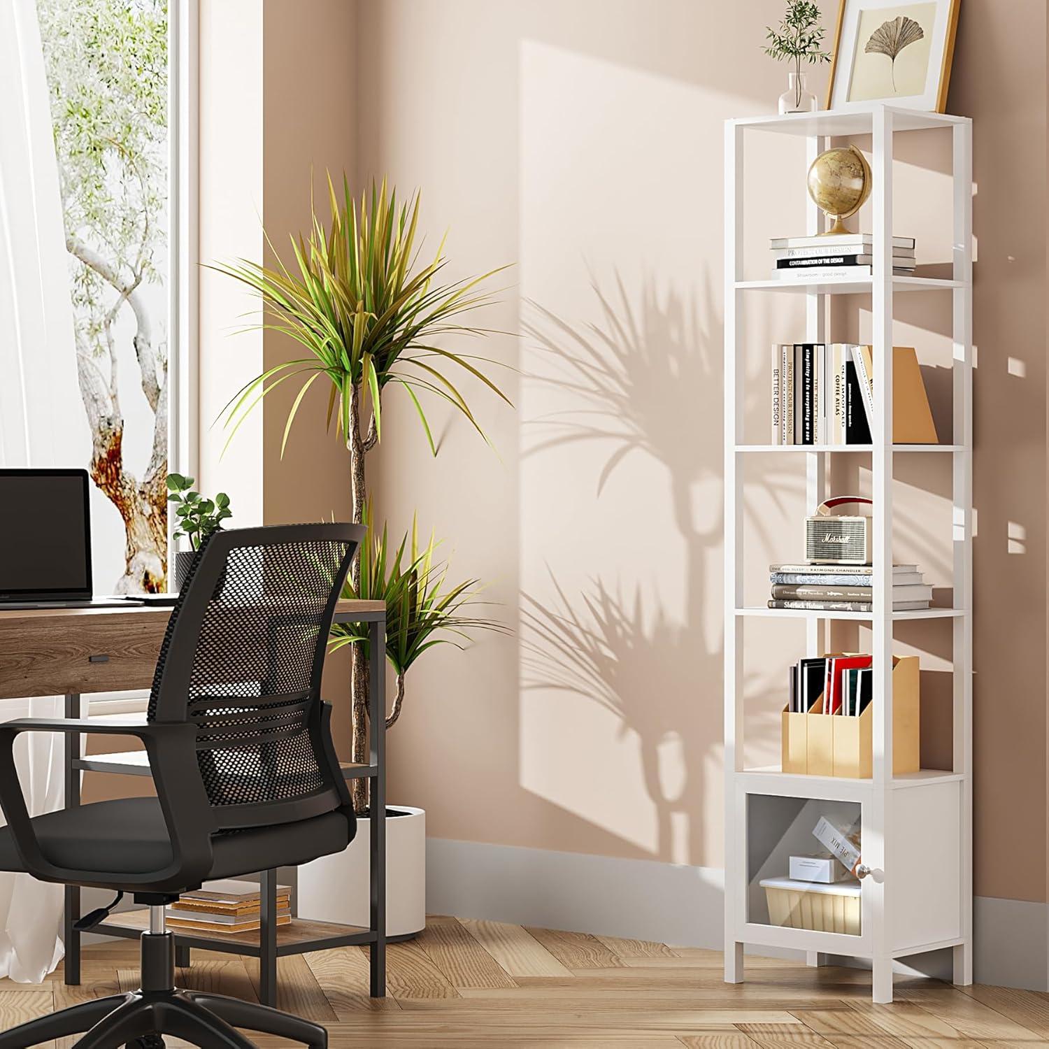 TUTOTAK 5 Tier Bookcase and Bookshelf, Narrow Book Shelf with Door for Small Space, for Living Room, Office, Study, Entryway, White BS03BW005