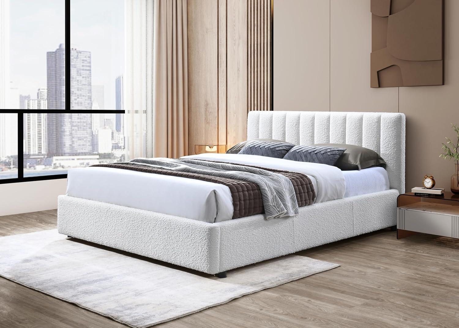 Omax Decor Jaxon Upholstered Platform Queen Bed in White Boucle Fabric