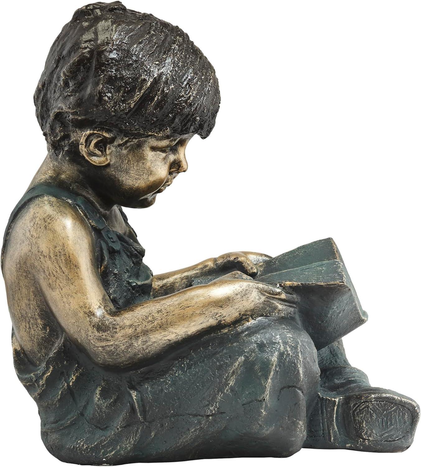 Alpine Corporation 16" Polyresin Girl and Boy with Dog Sitting on Bench Sculpture Bronze: Durable Outdoor Decor, Magnesium Oxide, Rust-Resistant