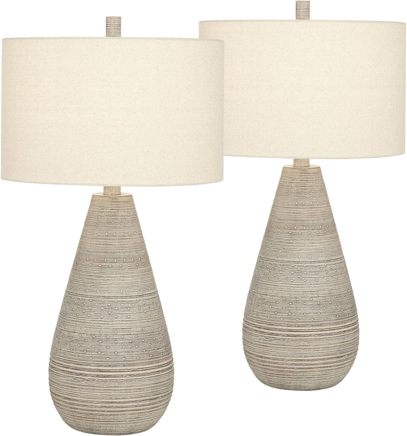 360 Lighting Rustic Country Cottage Table Lamps 30" Tall Set of 2 Natural Gray Teardrop Off White Oatmeal Drum Shade for Bedroom Living Room House